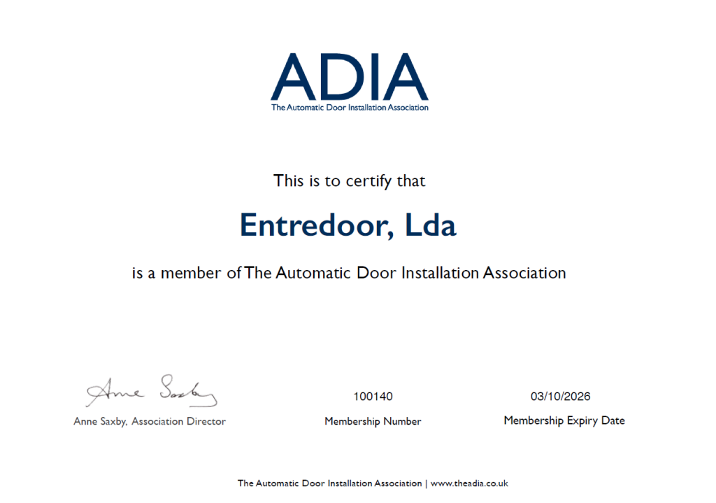 Certificado ADIA da Entredoor