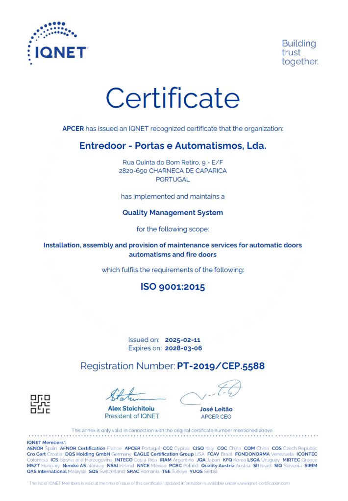 Certificado IQNet da Entredoor