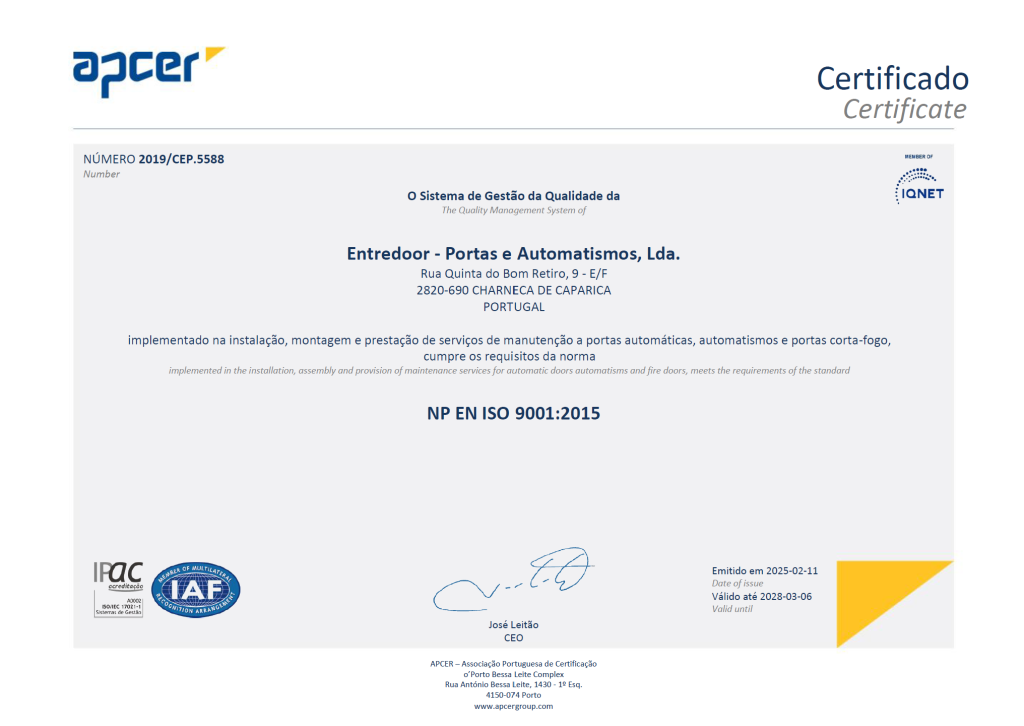 Certificado APCER ISO 9001:2015 da Entredoor