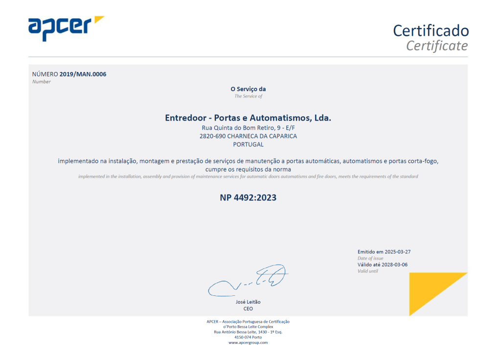 Certificado NP 4492:2010 da Entredoor